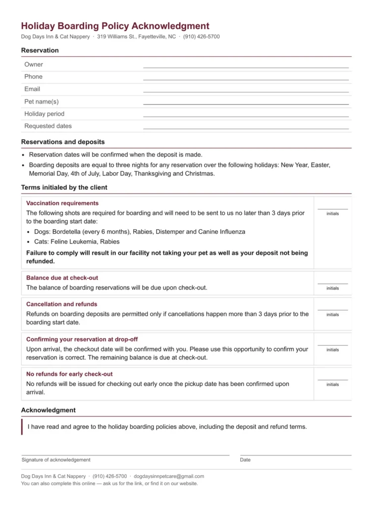 Holiday Boarding Policy Acknowledgment
Tap to complete the form